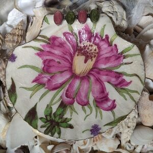 Hand Crafted Decoupaged Large Scallop Shell Floral Trinket Dish Home Decor